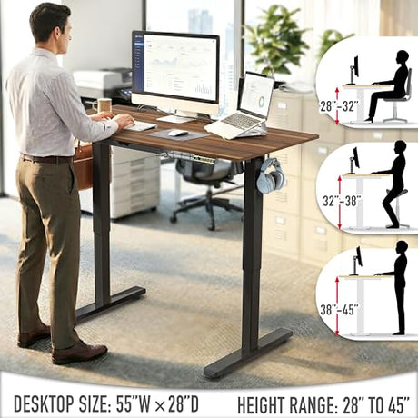 SHW 55 x 28 Inches Electric Height Adjustable Standing Desk with Drawer and Memory Preset, Walnut SHW