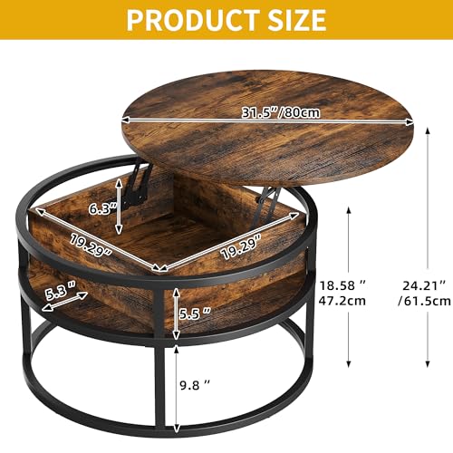 DWVO Coffee Tables for Living Room, Round Coffee Table, Lift Top Coffee Table with Storage and Hidden Compartment, Rustic Coffee Table, Small Circle Coffee Table,Wood Center Table, Rustic Brown DWVO