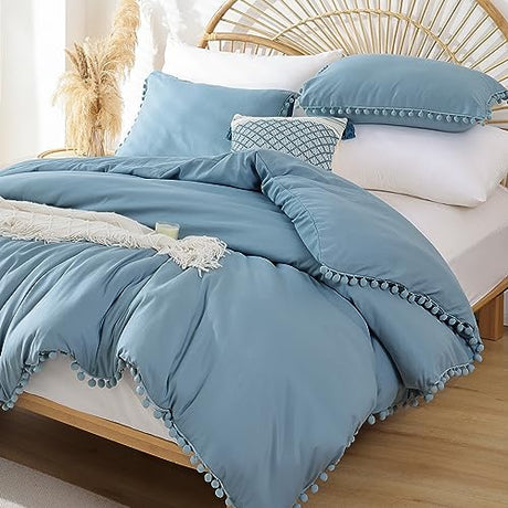 YIRDDEO Queen Comforter Set - Comforter Queen Size Sets with Ball Pom Fringe, Soft Bedding Set for All Seasons - 3 Pieces, 1 Comforter (90"x90") & 2 Pillow Shams (20"x26"), Dusty Blue YIRDDEO