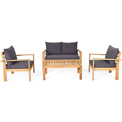 COSTWAY 4 Pieces Outdoor Acacia Wood Sofa Set, Outdoor Conversation Sofa Set with Table & Cushions Porch Chairs for Garden, Patio, Deck - WoodArtSupply