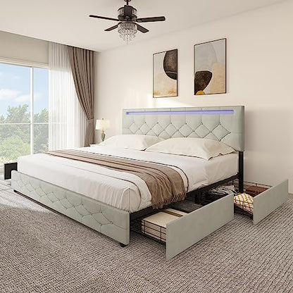 YITAHOME King-Size Upholstered LED Bed Frame with Adjustable Headboard & Underbed Storage - Grey - WoodArtSupply