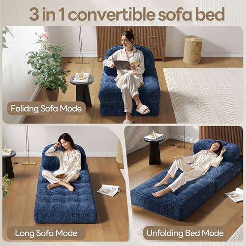 Dowinx Folding Sofa Bed with Pillow, Convertible Comfy Couch Bed for Adults Home Lounge and Gaming, Modern Comfortable Design for Apartment Living Room Bedroom, Single, Smooth Velvet, Blue Dowinx