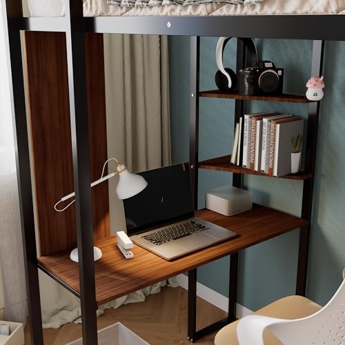 Merax Twin Metal Loft Bed with 2 Shelves and one Desk,Loft Bed Frame with 2 Built-in Laddersl,Noise Free,No Box Spring Neede,Black Merax