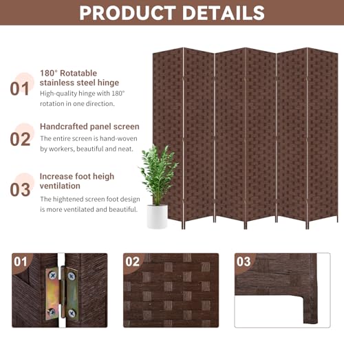 6 Panel Folding Portable Partition Screen ，71”high， Room Divider Wood Screen with Bamboo Mesh Woven Design Room Dividers Privacy Screens Dividers for Home Office Restaurant Bedroom, Brown RROCOSIA