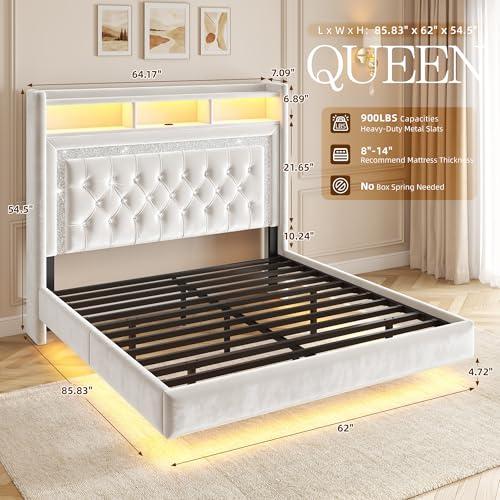 Homkdom Floating Bed Frame Queen with LED Lights & Charging Station, Upholstered Queen Bed Frame with Tall Velvet Storage Headboard, Heavy Duty Metal Slats/No Box Spring Needed/No Noise, Modern,Beige Homkdom
