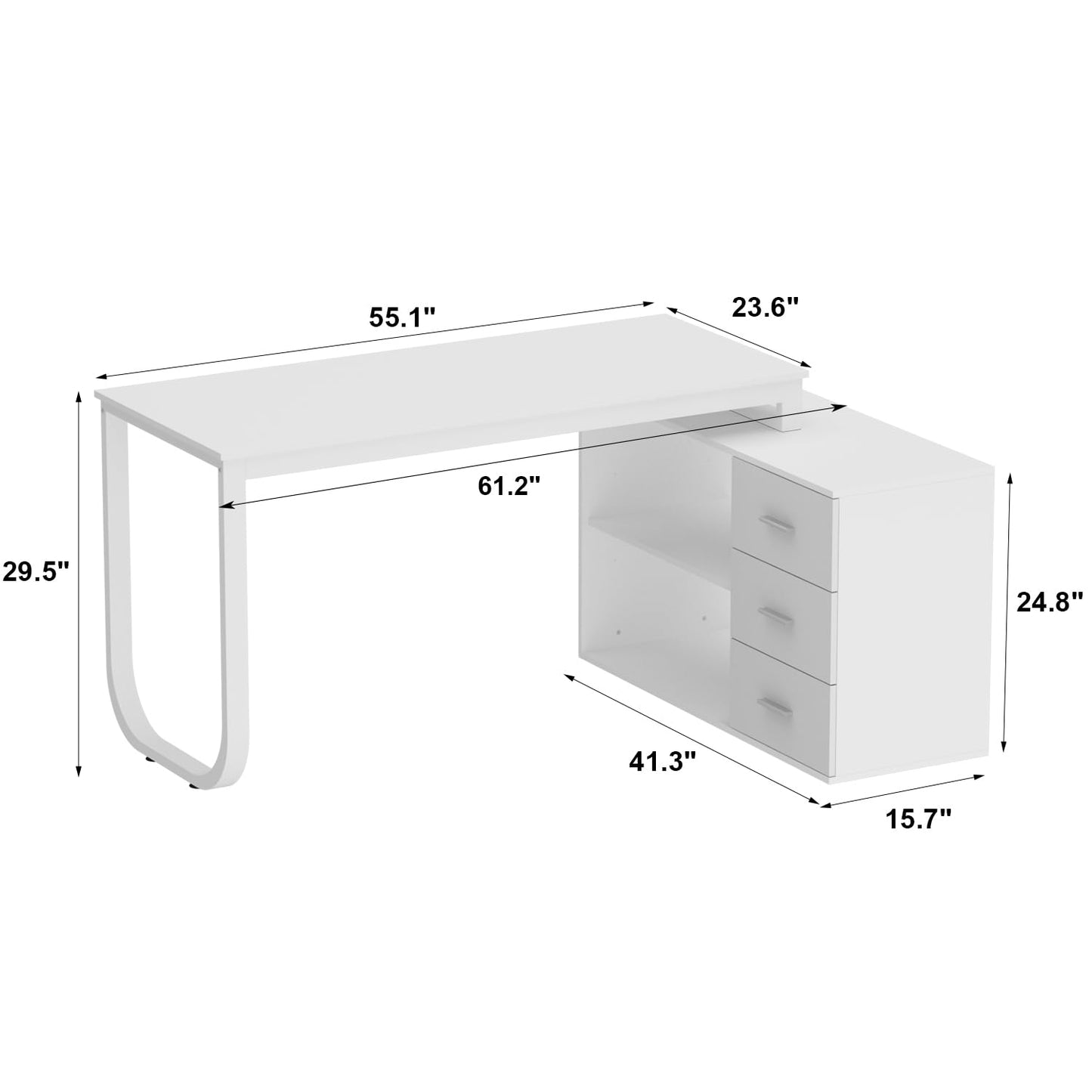 Homsee Home Office Computer Desk Corner Desk with 3 Drawers and 2 Shelves, 55 Inch Large L-Shaped Study Writing Table with Storage Cabinet - White - WoodArtSupply