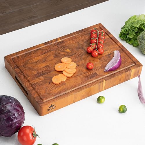 Large End Grain Teak Wood Cutting Board for Kitchen [2" Thick] with Juice Groove Conditioned with Beeswax, Linseed Oil & Lemon Oil. 17" x 11" - WoodArtSupply