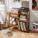 LELELINKY Record Player Stand, Brown Wood Record Holder with Vinyl Storage Holds up to 300+ Albums, 3-Tier Rattan Media Table with Vinyl Display Shelf, Record Storage Cabinet for Living Room LELELINKY