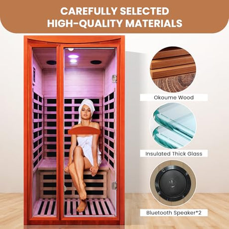 Sauna, Far Infrared Saunas for Home Room 1550W/110V Indoor Sauna for Single Person Okoume Wood Sauna Spacious 1 - 2 Person Low EMF Dry Sauna with Speakers/Air Hole and Color Lighting 39.4*35.4*74.8 IN HOSAUNA