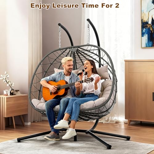 ZOMEYLPO Double Hanging Egg Chair, Hammock Chair with Stand, Swing Chairs with Cushion 700 LBS Capacity for Indoor, Bedroom, Outdoor, Porch, Patio, Beige ZOMEYLPO