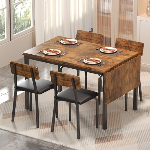 IRONCK 5-Piece 63" Extendable Dining Table with 4 Upholstered Chairs, Kitchen Table Set for 4-8 People, Dining Room Sets with MDF Wood Board, Drop Leaf Table Design for Space Saving, Rustic Brown IRONCK
