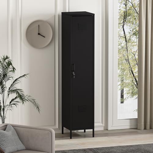 Manhattan Comfort Naomi 72.8'' Tall Storage Cabinet, Single Metal Locker with Lock, Adjustable Shelves, Vented Door & Floor Protectors, Modern Garage & Office Organizer, Black Manhattan Comfort