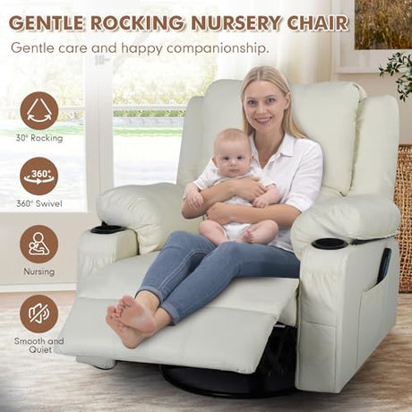 Comermax Faux Leather Rocker Recliner with Heat and Massage Cup Holders, Overstuffed Rocking Recliner Swivel Glider Chair for Nursery Heated Massaging Reclining Chair, Cream White Comermax