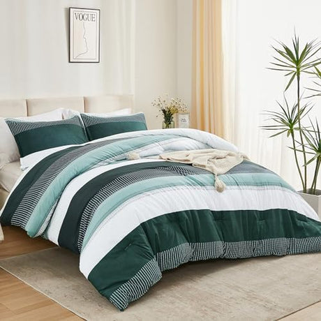 Litanika Dark Emerald Green Bed Comforter Twin/Twin XL Set, 2 Pieces Twin Extra Long Size Boys Men Forest Bedding Set, Single Colorblock Striped Bed Set Litanika