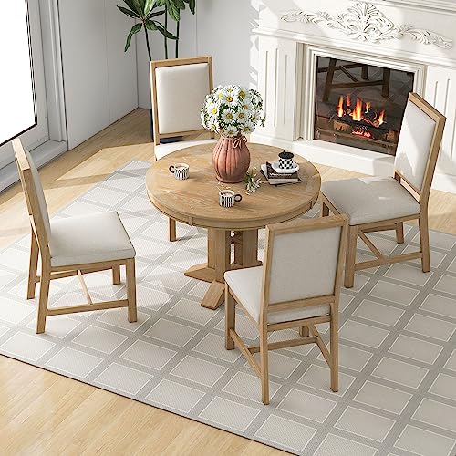 LUMISOL 5 Piece Round Extendable Dining Room Table Set with Chairs for Saving Space Solid Wood Round Kitchen Table Set, Natural Wood Wash LUMISOL