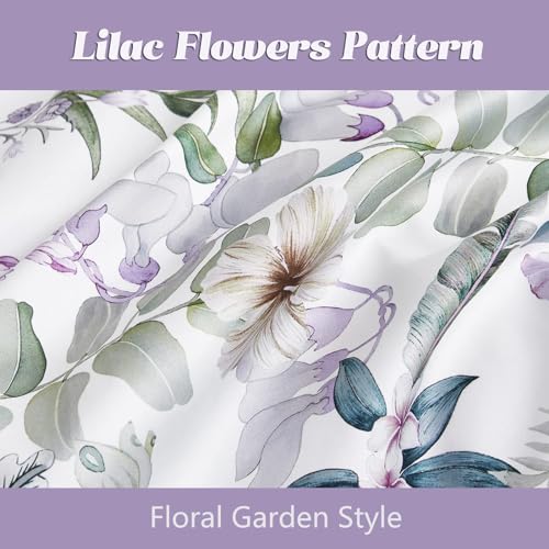 La Sheer Floral Duvet Cover Set Garden Style Twin 2 Pieces Bedding Set, Ultra Soft Green Leaves Botanical Flowers Pattern Lavender Reversible Farmhouse 1 Comforter Cover + 1 Pillowsham(No Comforter) La Sheer