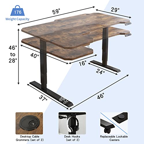 BUNOEM L-Shaped 59" Height Adjustable Electric Standing Desk, Sit and Stand Up Home Office Computer Desk with Splice Board (Rustic Brown Top, Black Frame) BUNOEM