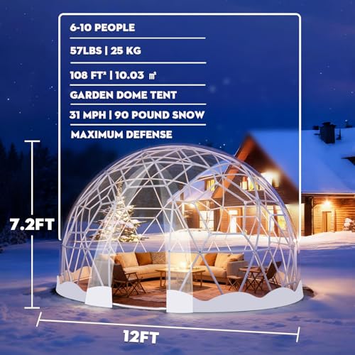 Gasgo Garden Dome Tent, 12 x 7.2 ft Outdoor Clear Bubble Tent for 2-4 Person, All-Weather Geodesic Dome Greenhouse with Window & Door, PVC Transparent Tent for Patio, Camping, Party (12FT - White) Gasgo