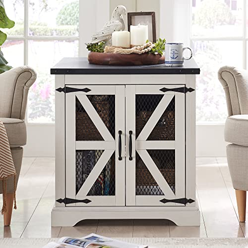 JXQTLINGMU Farmhouse End Table, 24" Large Sofa Side Table with Charging Station, Mesh Barn Door, and Adjustable Storage Shelf, Rustic Wood Square Nightstand for Living Room, Bedroom, Office, White JXQTLINGMU