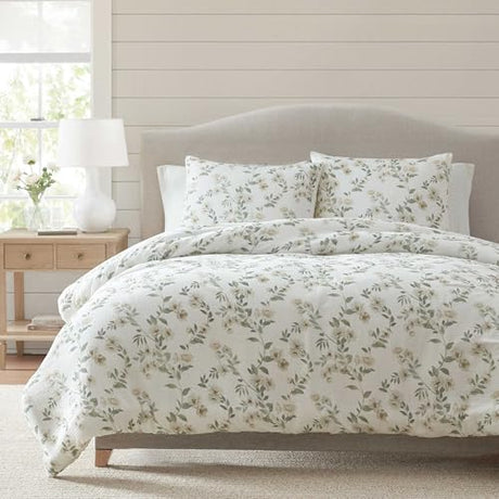 Martha Stewart - Queen Duvet Cover Set, Soft Cotton with Crisp & Tailored Naturally Smooth Cotton Percale Reverse, Lightweight 3 Piece Bed Set with Matching Pillowcases (Hazel Floral Beige) Martha Stewart