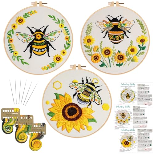 Nuberlic 3 Pack Embroidery Kit for Beginner Adults, Cross Stitch Set with Cute Bee Patterns, Includes Cloth, Hoops, Threads, Needles, Instructions