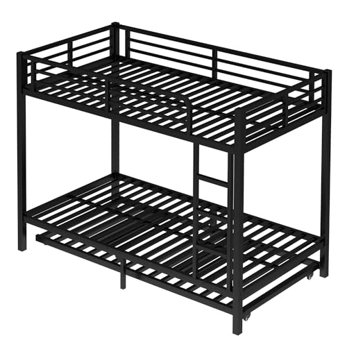 Harper & Bright Designs Twin XL Over Twin XL Metal Bunk Bed with Twin Size Trundle for Adults,Heavy Duty Twin XL Metal Bunk Bed Frame with Ladder and Guardlails,Black Harper & Bright Designs