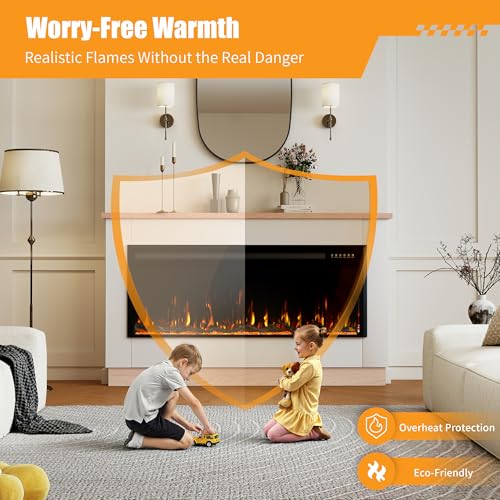 60" Electric Fireplace with Mantel for 50" Insert, Weyderk Ultra-Thin 5.5" Surround, 750/1500W Heater with 12 Flame Effects, 1-8 Hours Timer, Wall Mounted TV Stand for Livingroom, White Weyderk