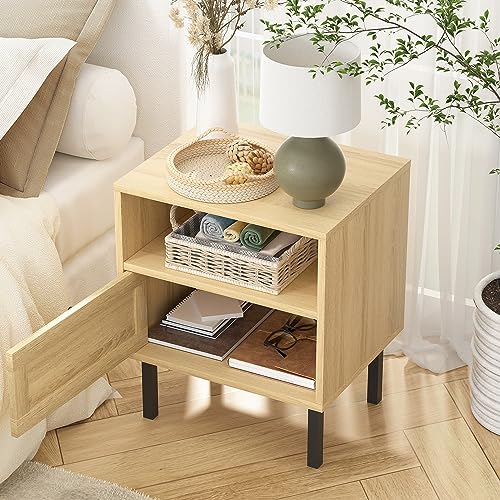 Rattan Nightstands Set of 2, Boho Night Stand with 1 Door, Accent End Table, Wood Bediside Table with Metal Legs&Open Shelf, Natural Wood