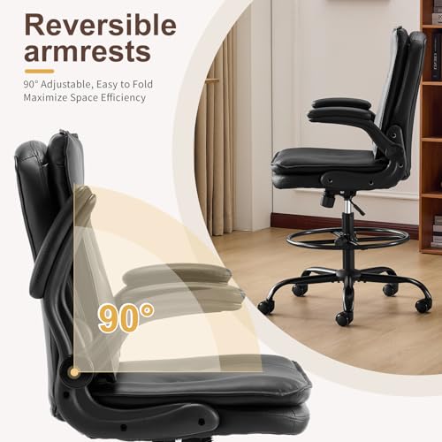 Karl home Drafting Chair Height Adjustable for Standing Desk, PU Upholstered Tall Office Swivel Desk Chair with Flip-Up Armrests, Ergonomic Lumbar Support, Adjustable Foot Ring, Black Karl home