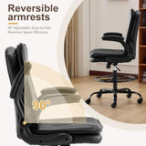 Karl home Drafting Chair Height Adjustable for Standing Desk, PU Upholstered Tall Office Swivel Desk Chair with Flip-Up Armrests, Ergonomic Lumbar Support, Adjustable Foot Ring, Black Karl home