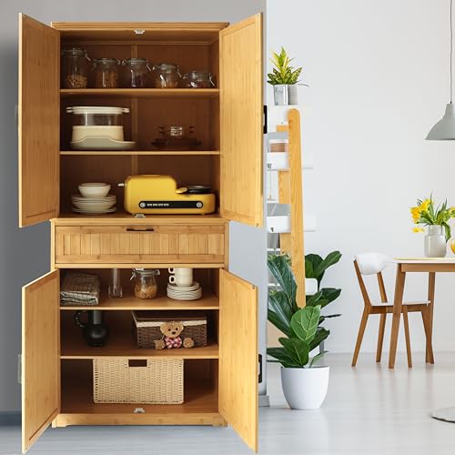 VEIKOU Kitchen Pantry Cabinet Bamboo, 72" Freestanding Kitchen Storage Cabinets with Large Drawer, Tall Enclosed Cupboard with Adjustable Shelves, Natural Color - WoodArtSupply