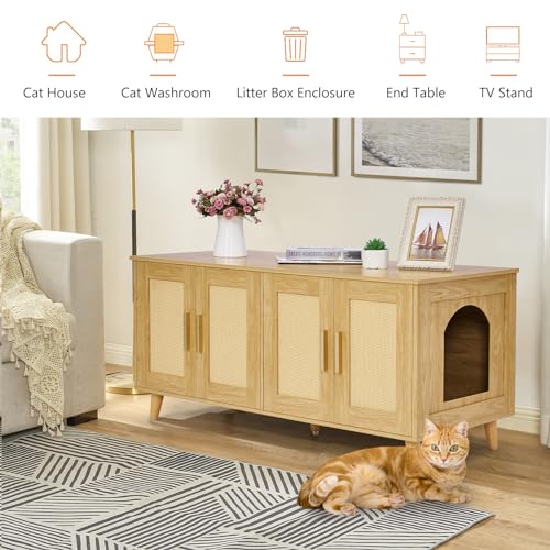 Homhedy Boho Cat Litter Box Enclosure for 2 Cats,Litter Box Furniture Hidden with Double Rattan Decorated Doors,Wooden Cat Washroom Furniture,Cat House,47.2”L x 19.7”W x 21.7”H, Natural Homhedy