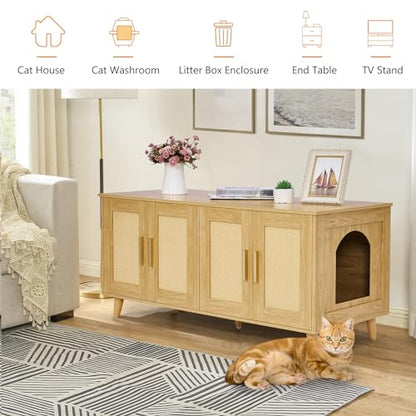 Homhedy Boho Cat Litter Box Enclosure for 2 Cats,Litter Box Furniture Hidden with Double Rattan Decorated Doors,Wooden Cat Washroom Furniture,Cat House,47.2”L x 19.7”W x 21.7”H, Natural - WoodArtSupply