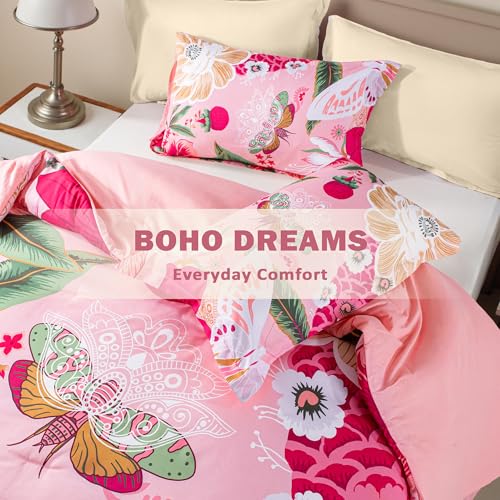 Tyrot Pink Boho Floral King Comforter Set - 3 Piece Farmhouse Botanical Bedding Comforter Sets for All Season Soft Lightweight Mid Century Modern Bed Set, (1 Reversible Comforter and 2 Pillow Shams Tyrot
