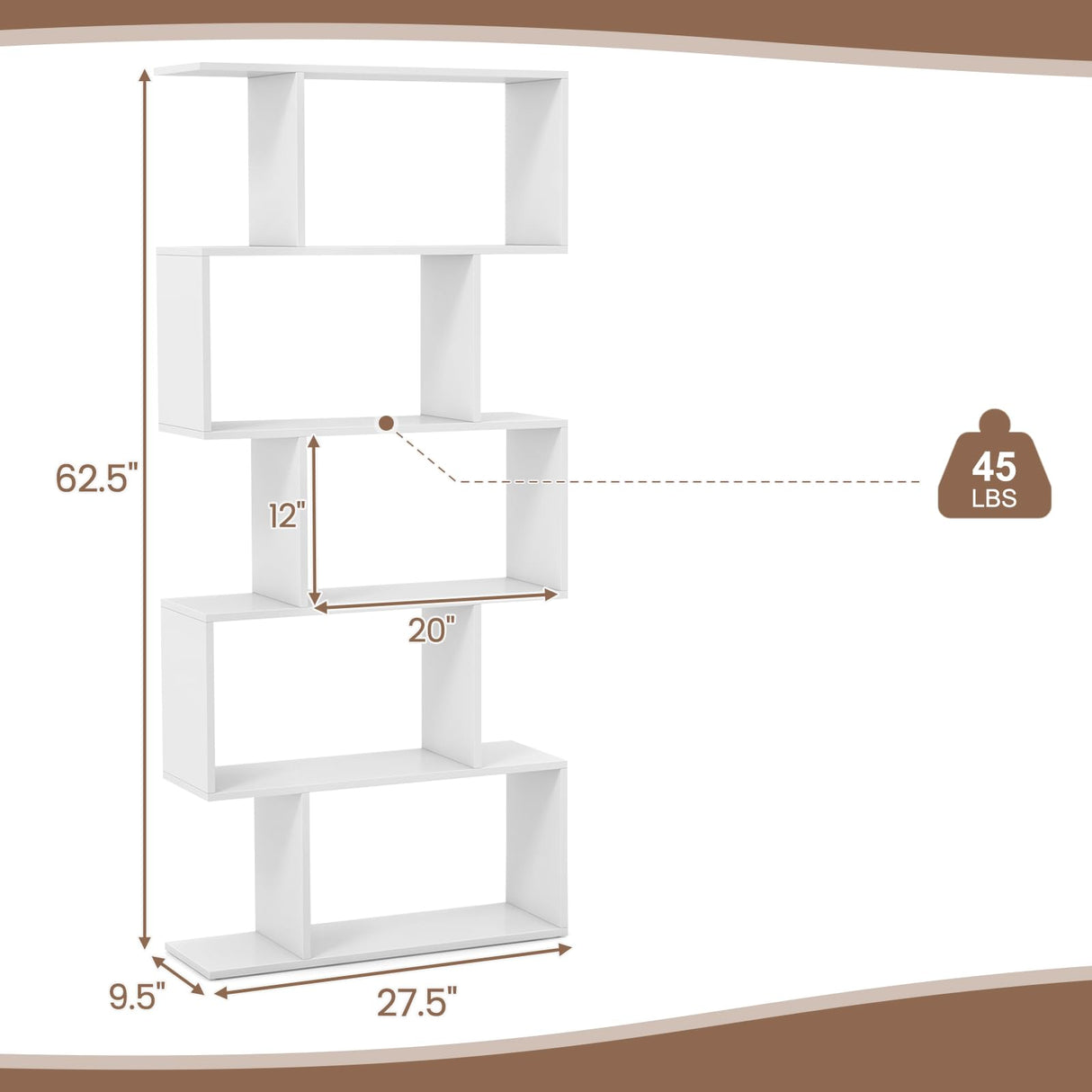 Byroce 5-Tier Geometric Bookcase Set of 2, 62.5” Freestanding Room Divider Bookshelf with Open Display Shelves & Anti-tip Device, Wood S-Shaped Storage Organizer for Living Room, Bedroom & Home Office WoodArtSupply