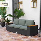 Outsunny 3-Seat Outdoor Patio Sofa with Cushions, PE Rattan Wicker Sofa with Wood Grain Wide Armrests, Outdoor Wicker Couch for Porch, Garden, Sunroom, Poolside, Dark Gray Outsunny
