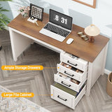 Vabches Farmhouse 49” Executive Desk with File Drawer, 4 Drawers Reversible Computer Desk with Storage, Rustic Home Writing Workstation for Home Office.White Brown Vabches