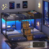 ADORNEVE Triple Bunk Bed with Storage Staircase, RGB Lights & Charging Station, Twin Over Twin, Heavy Duty Metal 3 Bunk Beds with Drawers & Headboard Shelf, Safety Guardrails, for Kids, Black ADORNEVE