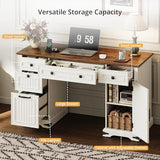 IRONCK 55'' Farmhouse Desk Home Office with Drawers, Wooden Computer Desk with Charging Station, File Drawers and Storage Cabinet, Executive Desk for Work, Study Writing, White IRONCK