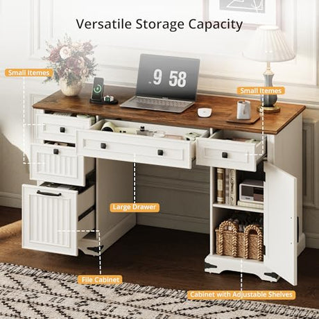 IRONCK 55'' Farmhouse Desk Home Office with Drawers, Wooden Computer Desk with Charging Station, File Drawers and Storage Cabinet, Executive Desk for Work, Study Writing, White IRONCK