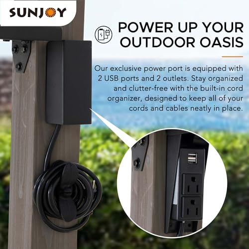 Sunjoy Wooden Grill Gazebo, 8 x 12 ft. Steel Hardtop Outdoor Gazebo for Year-Round Grilling, 2 Full Size Grills, Griddles or Smokers - Cook Station, Barbeque, Built-in Electrical Outlets, Black Sunjoy