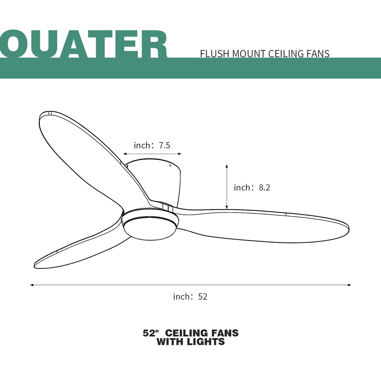 OUATER Flush Mount Ceiling Fan with Light, 52 inch Low Profile Ceiling Fans with Remote for Outdoor/Patios, 3 Color Light, 6 Speed, DC Motor, Wood and Modern Matte Black OUATER