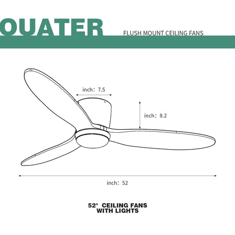 OUATER Flush Mount Ceiling Fan with Light, 52 inch Low Profile Ceiling Fans with Remote for Outdoor/Patios, 3 Color Light, 6 Speed, DC Motor, Wood and Modern Matte Black OUATER