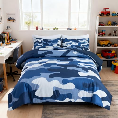 Holawakaka Twin Size Camouflage Bedding Comforter Set with Sheets, Boys Girls Men Camo Bed in A Bag 5 Pieces, Kids Teens Dorm Bed Sets Neutral Farmhouse Lodge Cabin Army Bedspread (Blue, Twin) Holawakaka