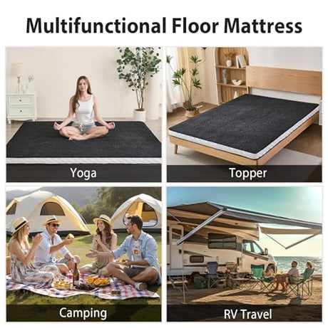 Zelladorra Japanese Floor Mattress, Quilted Futon Mattress with Anti-Slip Bottom, Foldable Floor Bed with Storage Bag and Straps, (Black, Full) Zelladorra