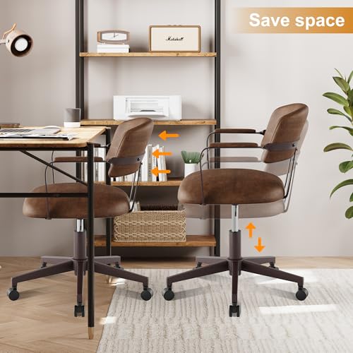 BERYTH Home Office Desk Chair, Mid-Century Style Desk Chair with Padded Arms, Adjustable Seat Height, Mid Back 360° Small Computer Chair with Mobile Mute Wheel, PU Leather (Brown) BERYTH