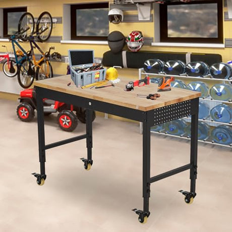 Adjustable Height Workbench,60" x 22" Worktable,Heavy Duty Rubberwood Top,2000LB Capacity,Metal Frame, Lockable Wheels, Power Outlets – Garage & Workshop Table – Black FinerFurnis