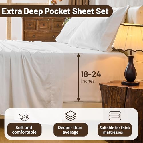 MEISHANG Extra Deep Pocket Cotton Sheets Queen Size - 100% Egyptian Cotton 1000 Thread Count - Fits 18"-24" in Deep Mattress,Oeko-Tex Certified, Soft & Breathable - 4 Piece (Queen, Whtie) MEISHANG