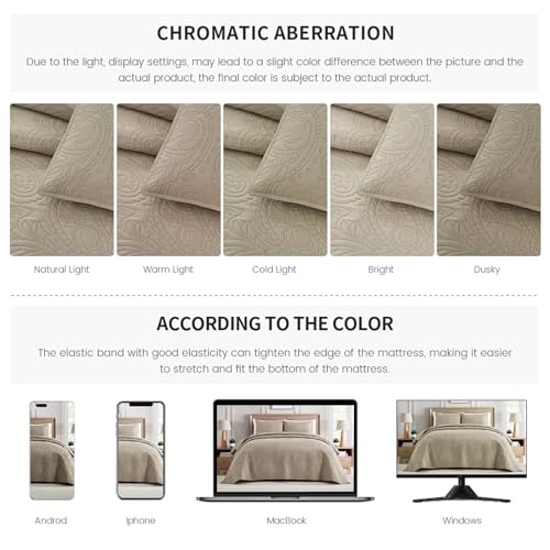 BOURINA Ultrasonic Quilt Set Bedspreads 3-Piece Bedding Set Pre-Washed Microfiber Ultra Soft Lightweight Flower Coverlet Set for All Season, King Beige BOURINA