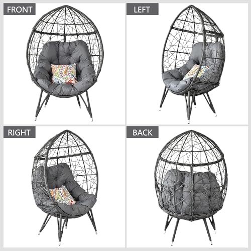 HLNPTN Patio Egg Chair Wicker Outdoor Egg Basket Chairs, Oversized Outdoor Furniture PE Rattan Patio Lounge Chair 440lb Capacity Sofa Seat with Stand & Gray Cushions for Indoor, Living Room, Backyard HLNPTN